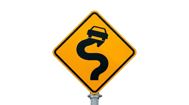 Diamond shaped yellow road sign with a black winding road and car symbol on a metal pole