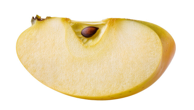 Isolated fresh apple fruit slice with delicious yellow flesh and a dark brown seed inside.