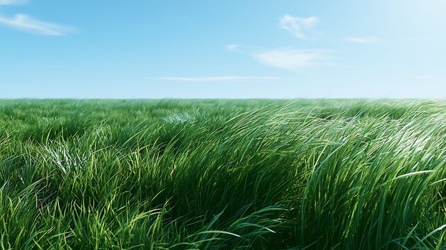endless green grass field under blue sunny sky with few clouds