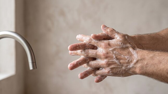Close up of person carefully washing hands with soapy bubbles near a modern metal faucet in bathroom