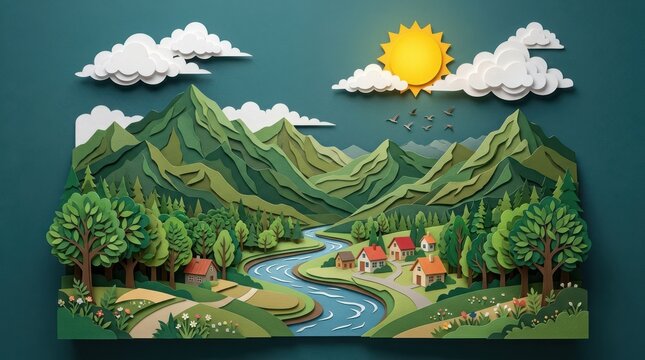 Paper craft landscape with mountains river village and sun in the sky with clouds for a creative nature travel illustration