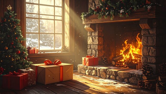 Cozy holiday scene, Christmas tree, fireplace, gifts, window view of snowy landscape, warm light