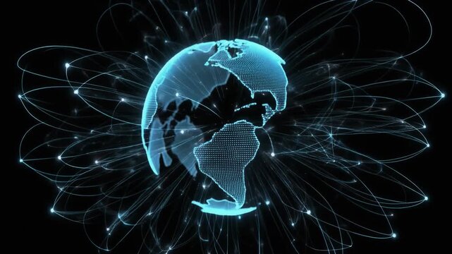 Digital globe expanding with light particles in abstract space during a seamless animation for global connectivity concepts