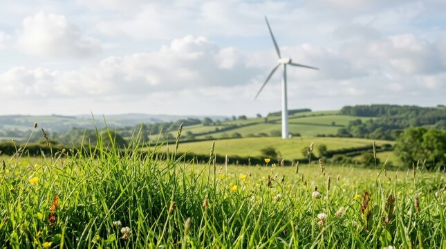 Large wind turbine standing in a bright green grassy field with rolling hills and a cloudy blue sky on a sunny summer day