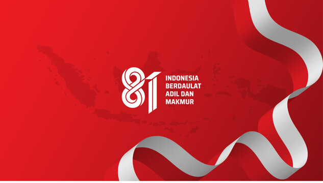 81 th Indonesia Independence day with flowing indonesian flag ribbon and indonesian map background