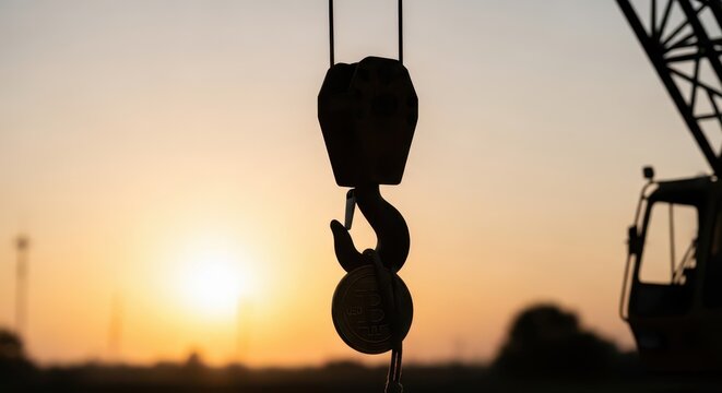 Silhouette of a Heavy Construction Crane Hook Against a Vibrant Sunset Sky
