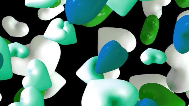 Abstract 3D vibrant mix of white green mint teal and blue hearts floating on background and falling colorful candy heart shapes on black backdrop.