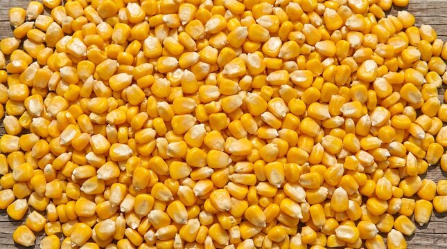 Fresh yellow corn kernels on wooden surface