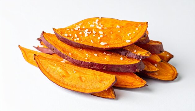 Stacked roasted sweet potato wedges with salt and pepper on white surface under soft light.