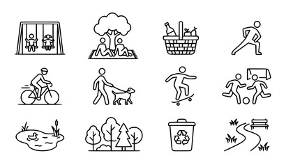 Outdoor Park Recreation Thin Line Icons Set with Family Picnic Sports and Healthy Lifestyle Symbols © Lipon