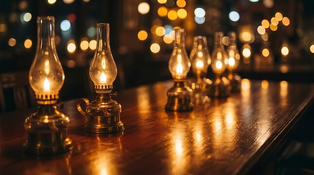 Row of vintage glass oil lamps on wood.