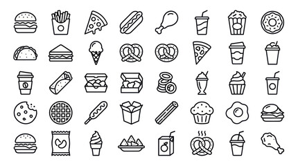 Naklejka premium Fast food and snack line icons set.