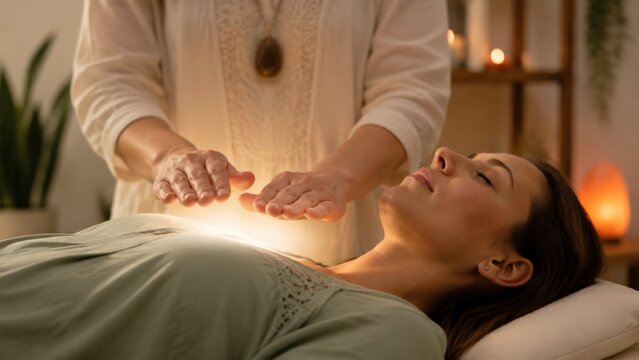 Practitioner performs energy healing, holding hands above the chest of a woman lying on a bed in a dimly lit, calm therapy room