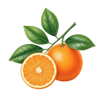 A slender branch with oval leaves, a spherical orange and a halved fruit showing juicy pulp and white pith on a white background, botanical illustration concept
