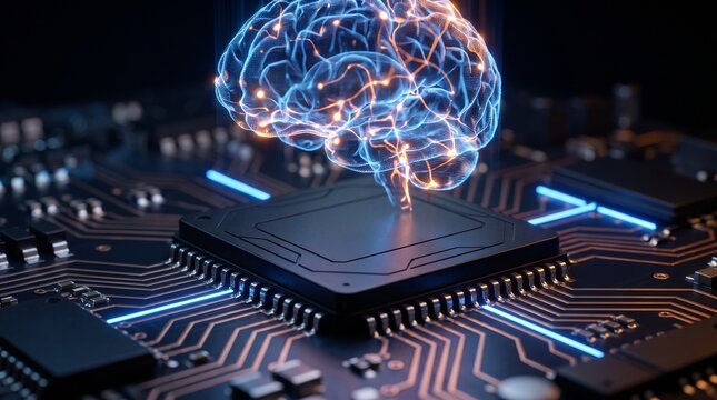 AI neural network processing data on microchip. Futuristic digital brain technology for machine learning and automation.