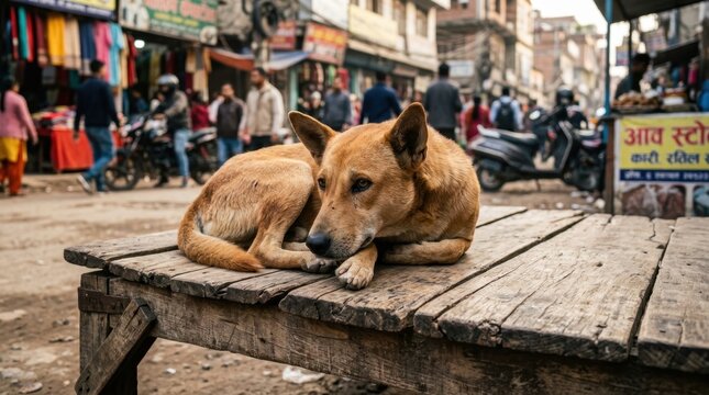 A calm brown stray dog rests on a rustic wooden table in a bustling crowded Indian street market scene, capturing the peaceful spirit of urban wildlife amidst the daily city chaos and local life mood.