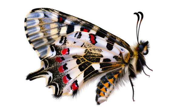 Isolated beautiful Apollo butterfly with vibrant red and black spots on wings, side view