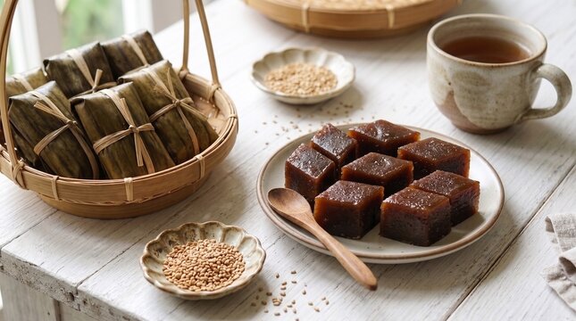 Traditional Indonesian sweet brown wajik or dodol cubes served on a ceramic plate with a wooden spoon, sesame seeds, and banana leaf wrapped snacks in a bamboo basket.