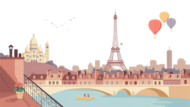 Colorful illustration of paris landmarks with hot air balloons floating over city skyline Vector