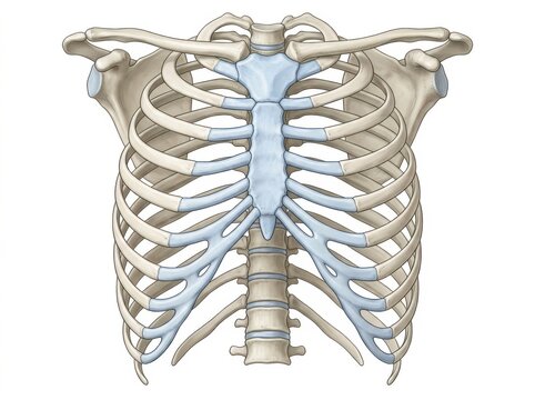 Human rib cage anatomy with detailed bones and cartilage in clear studio lighting for medical illustration