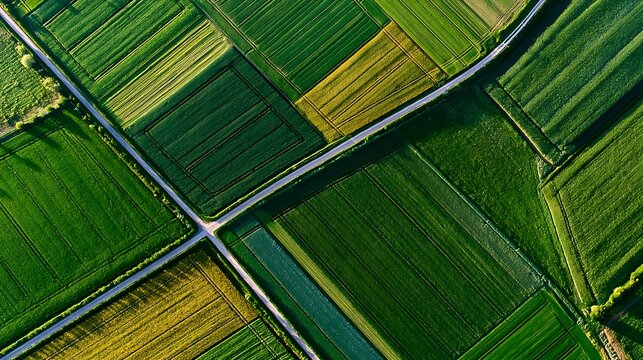 Aerial view of green farmland with road intersection