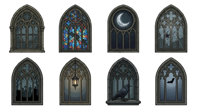 Arched gothic windows, broken stained glass, haunted castle window, moon window, spider web window, cemetery window, lantern window, crow on window, bat silhouette, gothic arch, isolated on , vector i
