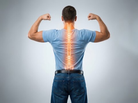 Man's healthy spine illuminated with orange light during a posterior view flexed pose against a neutral background