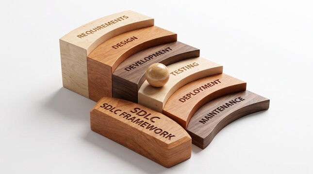 SDLC framework concept represented by wooden blocks as steps with a wooden ball, symbolizing software development life cycle phases and corporate progression