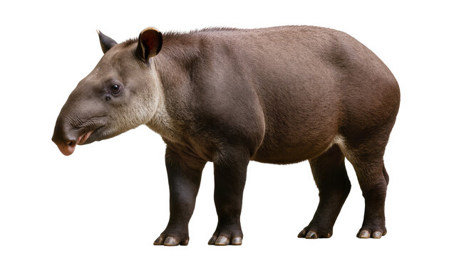 Isolated lowland tapir with its tongue slightly out, a large herbivore from South America.
