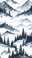 Fototapeta premium A watercolor painting depicts a serene mountain landscape with evergreen trees and mist.