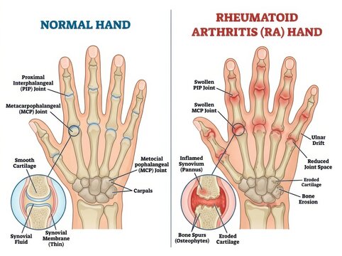 Normal versus rheumatoid arthritis hand anatomy comparison with joint inflammation and bone erosion details