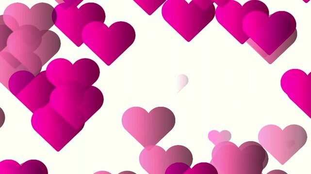 Abstract floating pink and magenta gradient hearts background falling colorful flat heart shapes on white backdrop