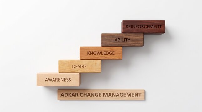 Wooden blocks arranged as ascending stairs representing the ADKAR change management framework concept, isolated on white background