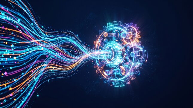 Glowing digital gears with multicolor data streams technology digital gears, data streams, glowing particles, light trails, automation, data processing, artificial intelligence, machine learning, anal