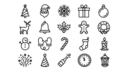 Christmas and New Year holiday line icon set containing Santa Claus reindeer snowman gift box and winter celebration symbols vector © Mohammad