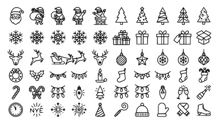 Christmas and New Year holiday celebration line icon set containing Santa Claus snowflakes gifts reindeer and winter decoration symbols vector © Mohammad