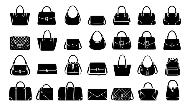Elegant women fashion handbags and luxury purses collection featuring dark solid silhouettes with fine white outline vector design elements