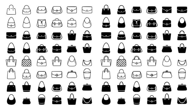 Women fashion bags and luxury purse icon set featuring black solid silhouettes and clean line art vector illustrations