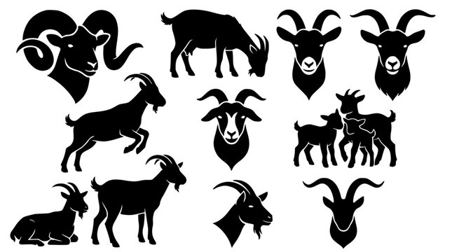 Goat and ram silhouettes vector collection featuring heads with large horns kids family jumping standing and farm livestock design elements