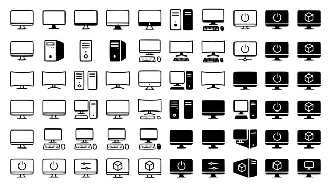 Desktop computer and pc hardware bundle featuring monitors towers systems interface settings and tech workstation icons vector set