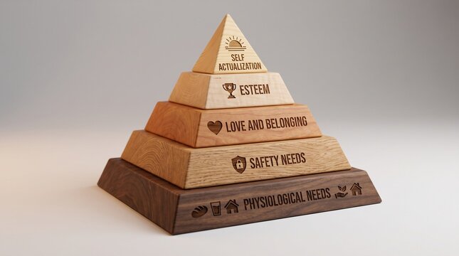 Five tier wooden pyramid representing Maslow's hierarchy of needs concept, 3D render