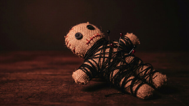 Voodoo doll made of burlap with button eye and black thread wrapped around body. Scary occult object with pin stuck in it. Mystical ritual accessory for Halloween themed dark background.