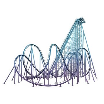A modern steel roller coaster track with intricate twists, sharp turns, and steep vertical drops, isolated against a solid white backdrop, rendering, silver, drop