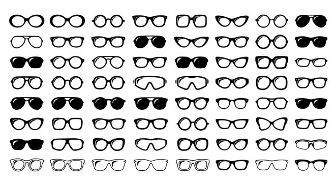 Eyeglasses and sunglasses fashion frames vector set featuring classic aviator cat eye round square retro optical spectacles shapes collection