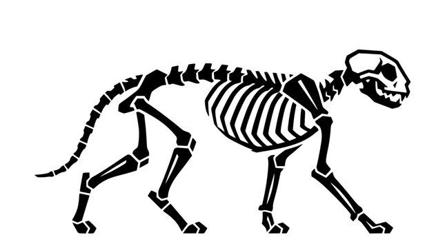 Anatomical black cat skeleton silhouette walking side view spooky gothic horror graphic element for halloween vector illustration
