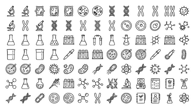 Large mega set of biology and science laboratory doodle line icons featuring DNA helix cell structures microscope test tubes vector