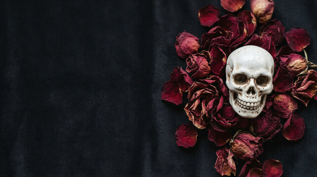 Human skull resting on dried red rose petals against a black background. Halloween decoration and gothic concept. Symbolic memento mori aesthetic for seasonal celebration and occult art.