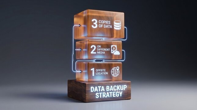 Conceptual 3D render representing the 3-2-1 backup rule for data protection and disaster recovery strategy, featuring stacked glowing glass blocks on a wooden base