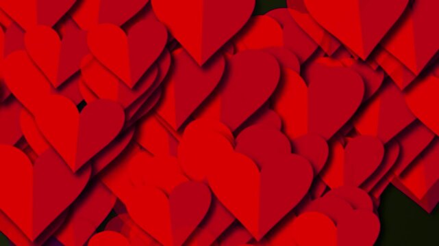 A dense full frame composition of layered red heart shapes with a clean paper cut effect and subtle drop shadows Creating a modern geometric background texture
