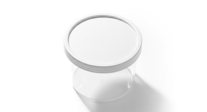 High angle shot of a white round plastic lid on a transparent container isolated on a white background, perfect for food storage concepts, kitchen, seal, clean
